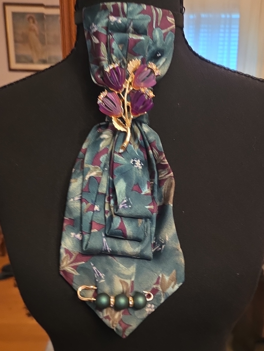Teal Floral  Neck Tie with Purple Flower Brooch